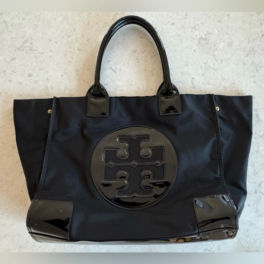 Tory Burch Black Nylon Tote with Patent Logo - Picture 1 of 15